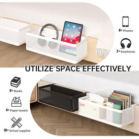 WOCHUANGSI bedside caddy shelf with guardrails keeps items secure.