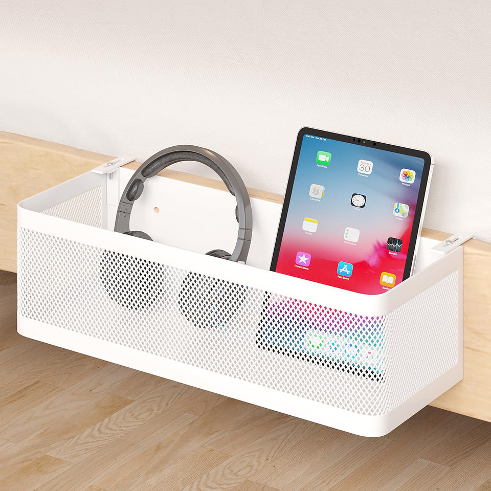 WOCHUANGSI bedside caddy shelf on bunk bed rail keeps essentials within reach.