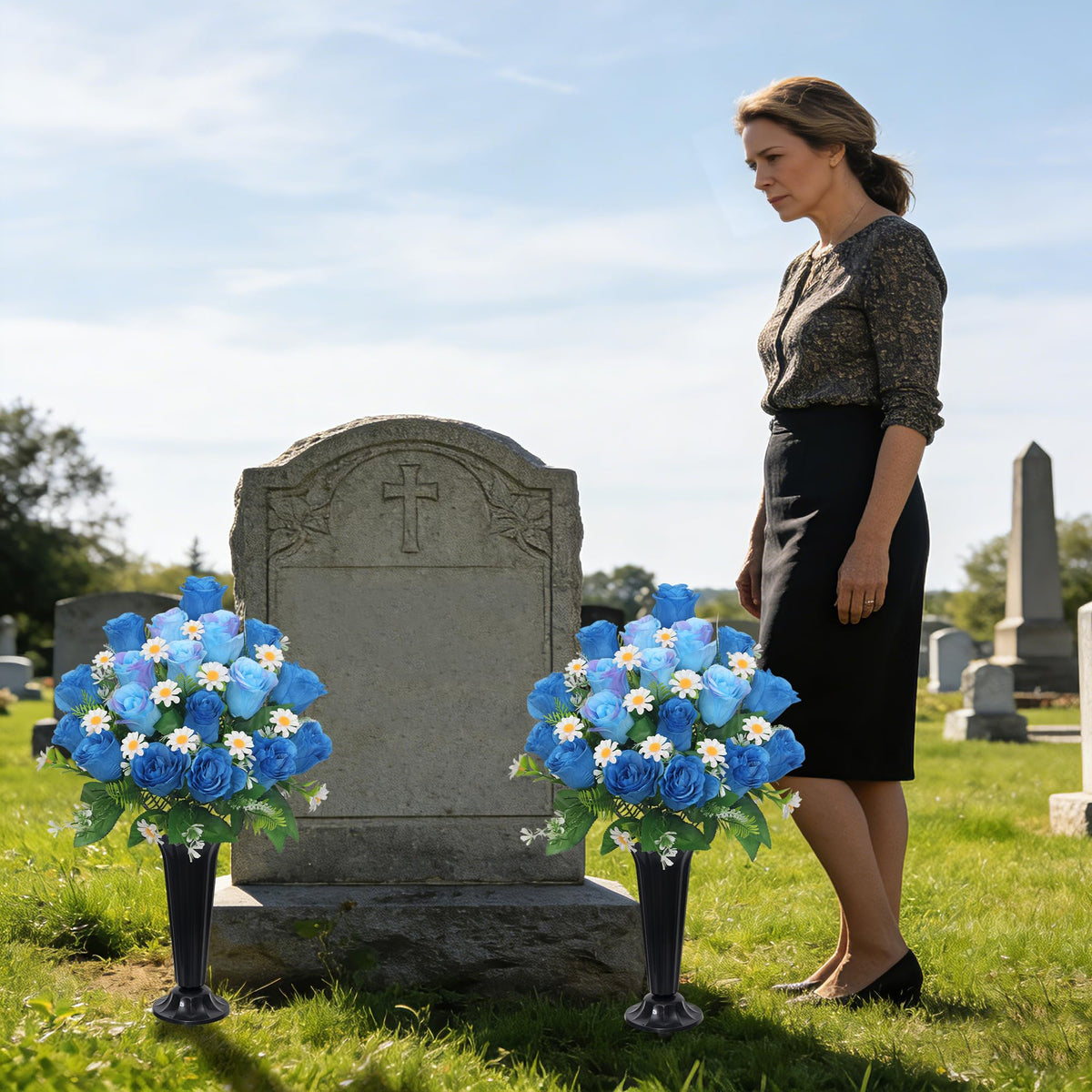 Wocst blue daisy cemetery bouquet for serene memorial settings.