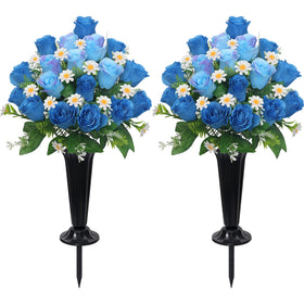Wocst blue roses cemetery bouquet with lasting color for outdoor displays.