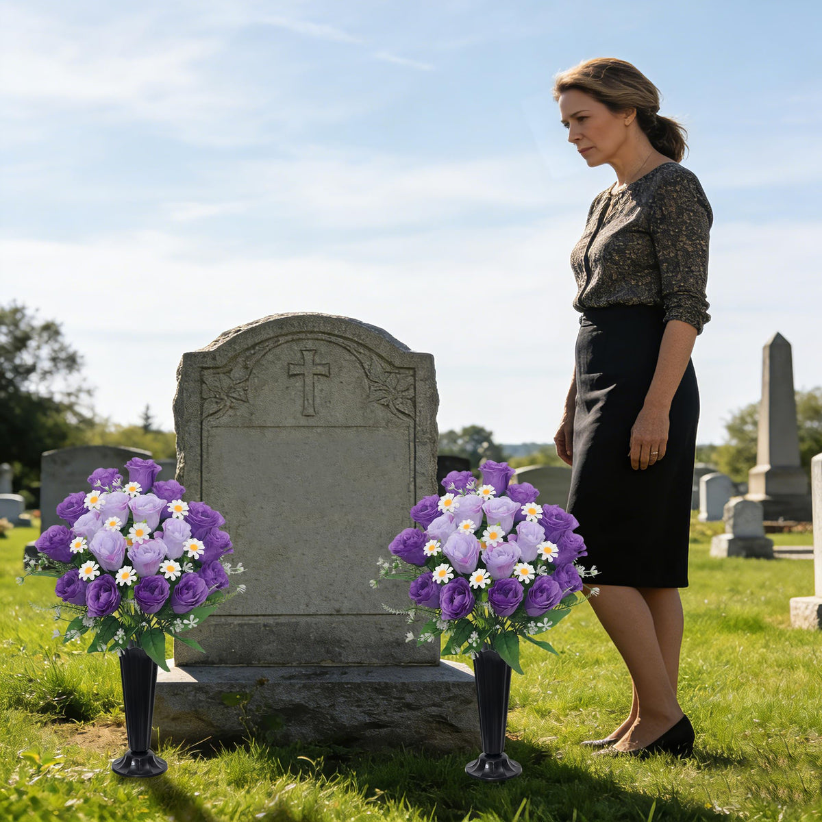 Wocst purple artificial cemetery daisy bouquet for markers, realistic look