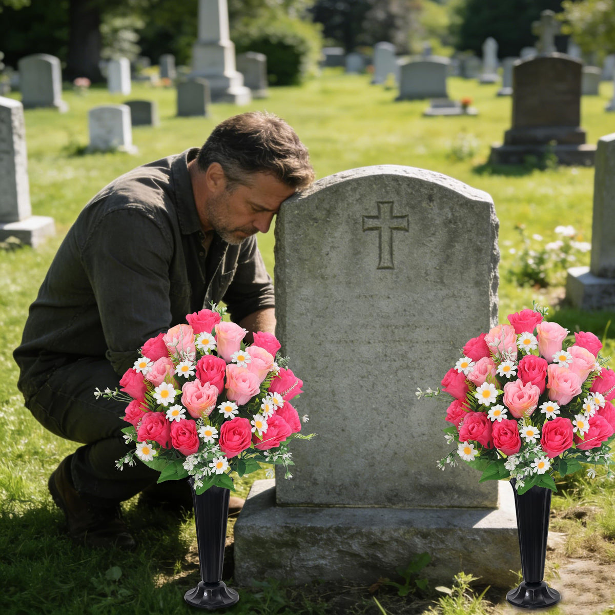 Wocst artificial cemetery flowers daisy bouquet pink with lifelike color