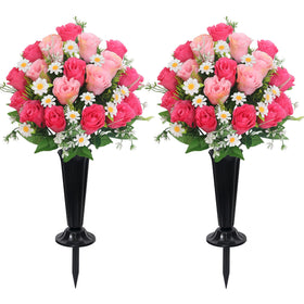 Wocst artificial cemetery flowers rose bouquet pink with fade-resistant petals