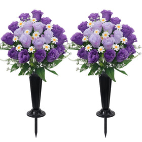 Wocst purple artificial cemetery rose bouquet with long-lasting color for grave displays