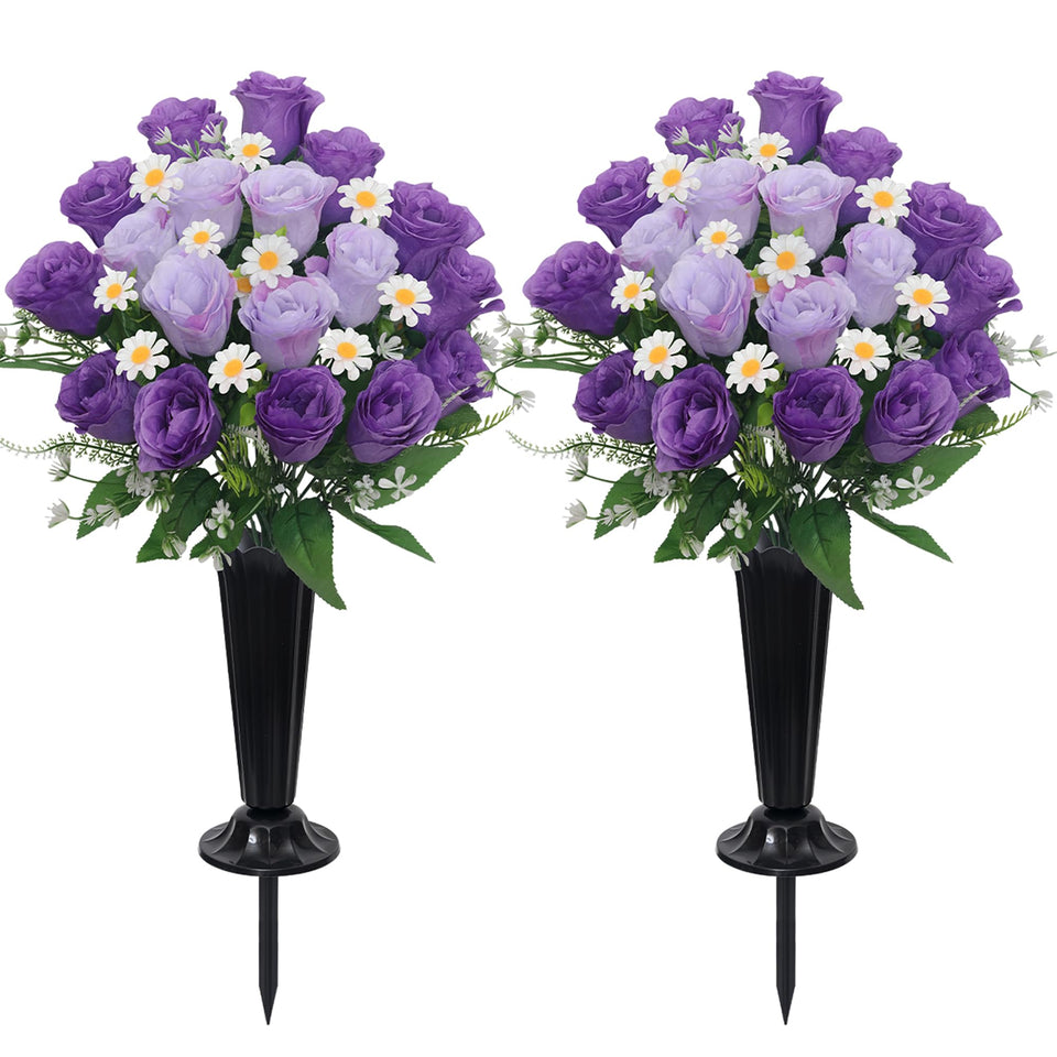 Wocst purple artificial cemetery rose bouquet with long-lasting color for grave displays