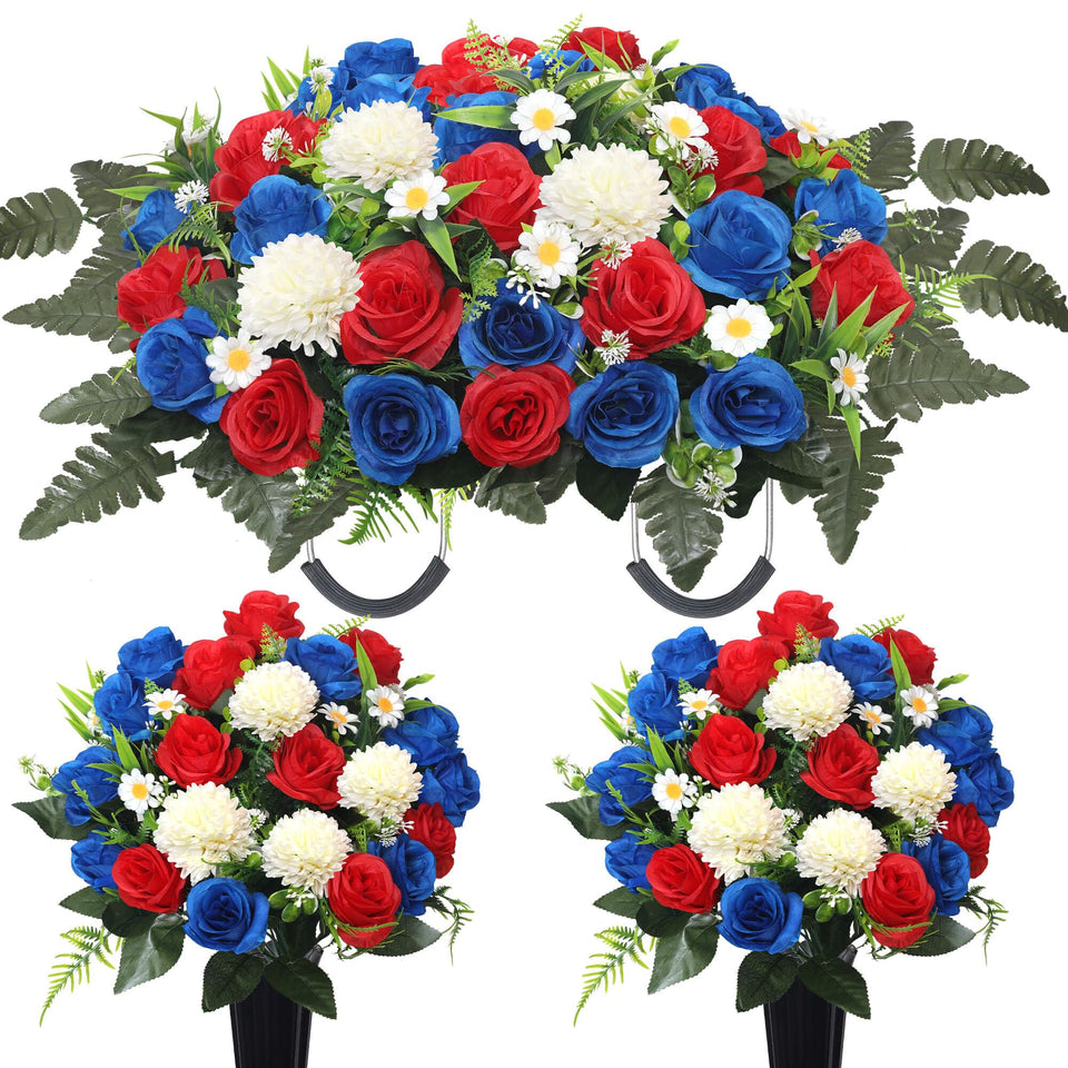 Wocst cemetery headstone saddle with lush artificial blooms for a dignified display