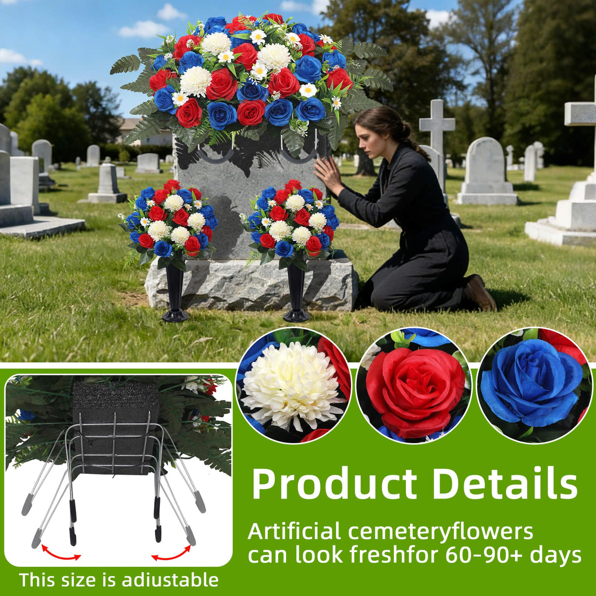 Wocst vase with ground spike securing a grave arrangement outdoors