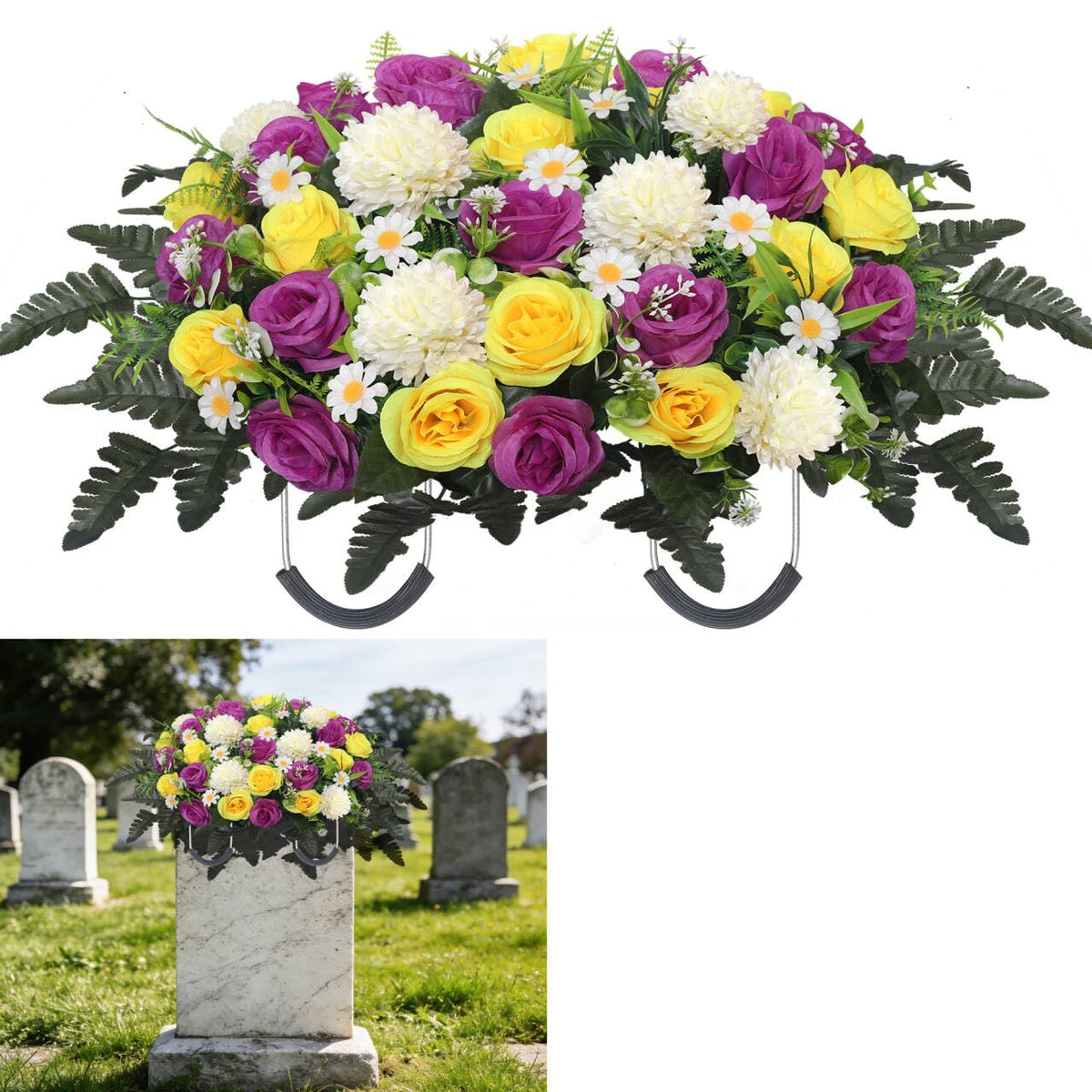 Wocst headstone flower saddle with lush roses and chrysanthemums for a lifelike grave display.