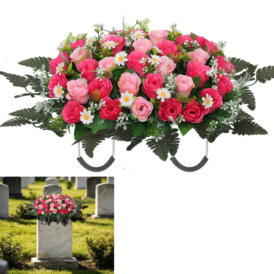 Wocst headstone saddle with pink roses for a vibrant, lasting memorial display.
