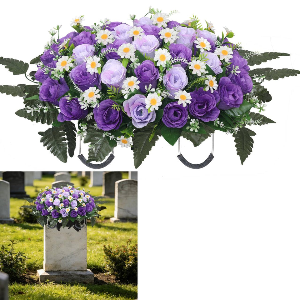 Wocst headstone saddle with purple roses for durable cemetery decor.