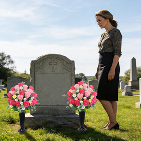 Wocst memorial day grave setup with two bouquets and two vases
