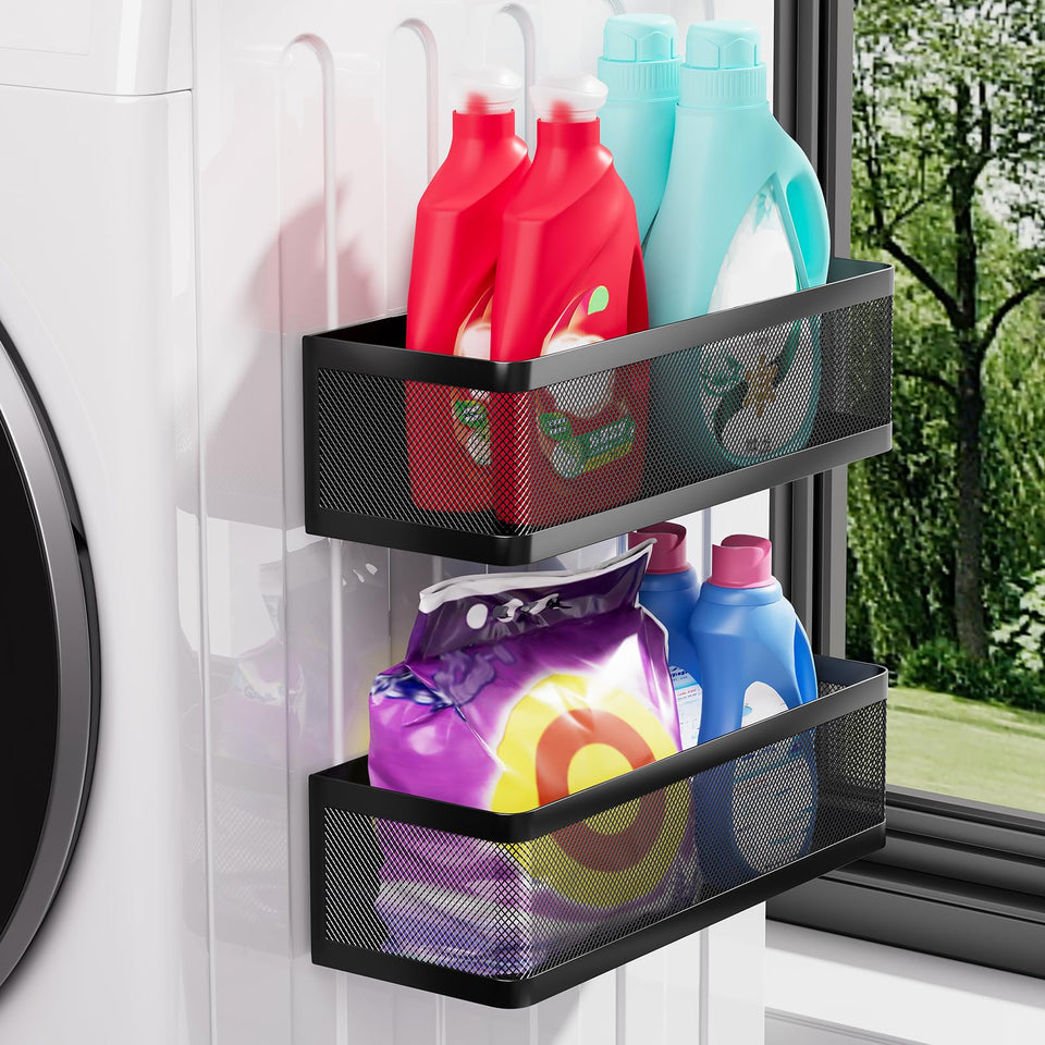 WOCUBEHOME magnetic shelf with guardrails keeps bottles secure during washer cycles.