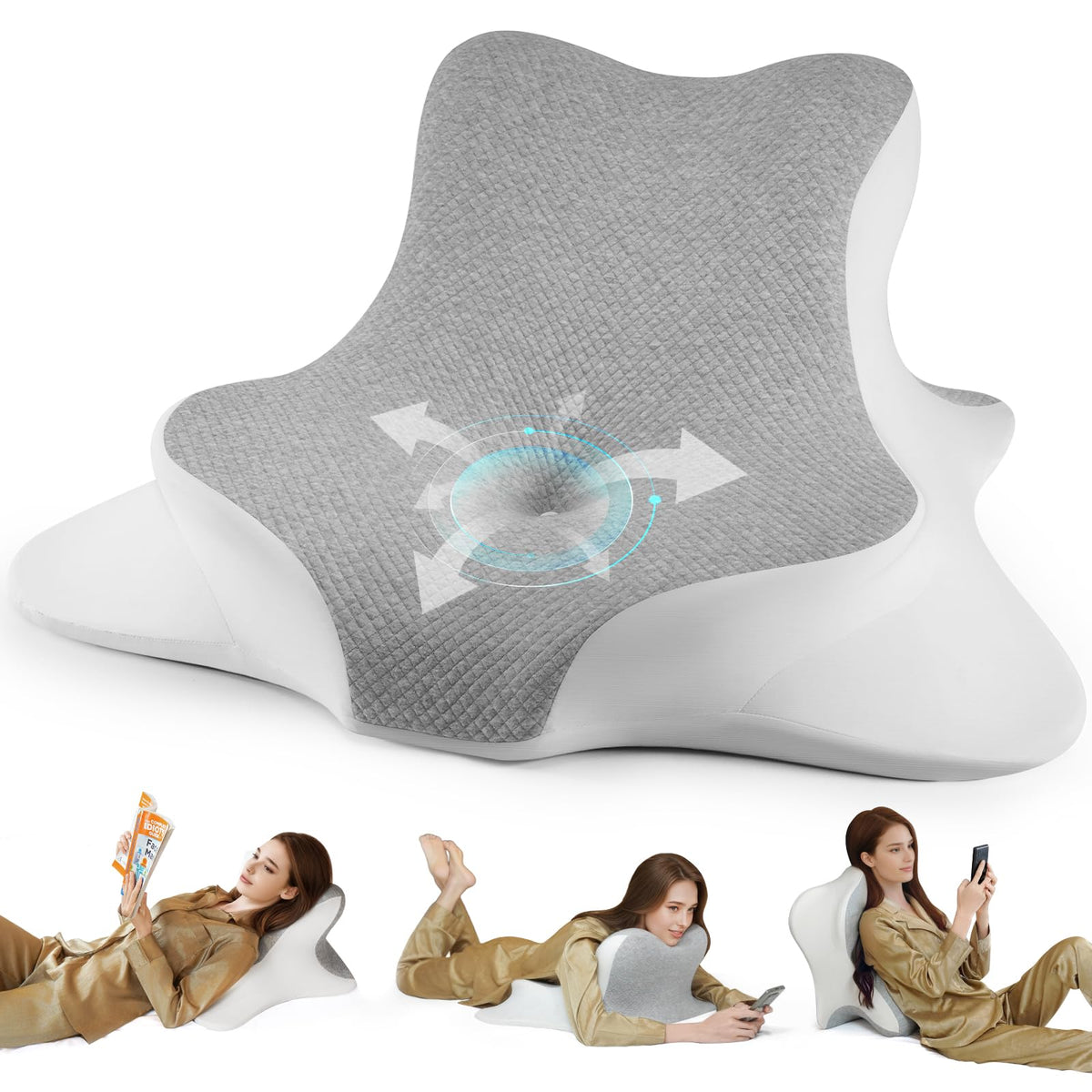 WOGAHEV reading pillow dual-curve design aids versatile neck support during reading.
