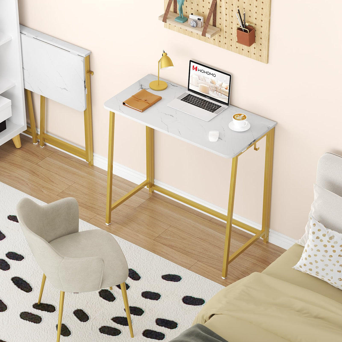 WOHOMO desk side view with gold legs adds elegance and saves floor space.