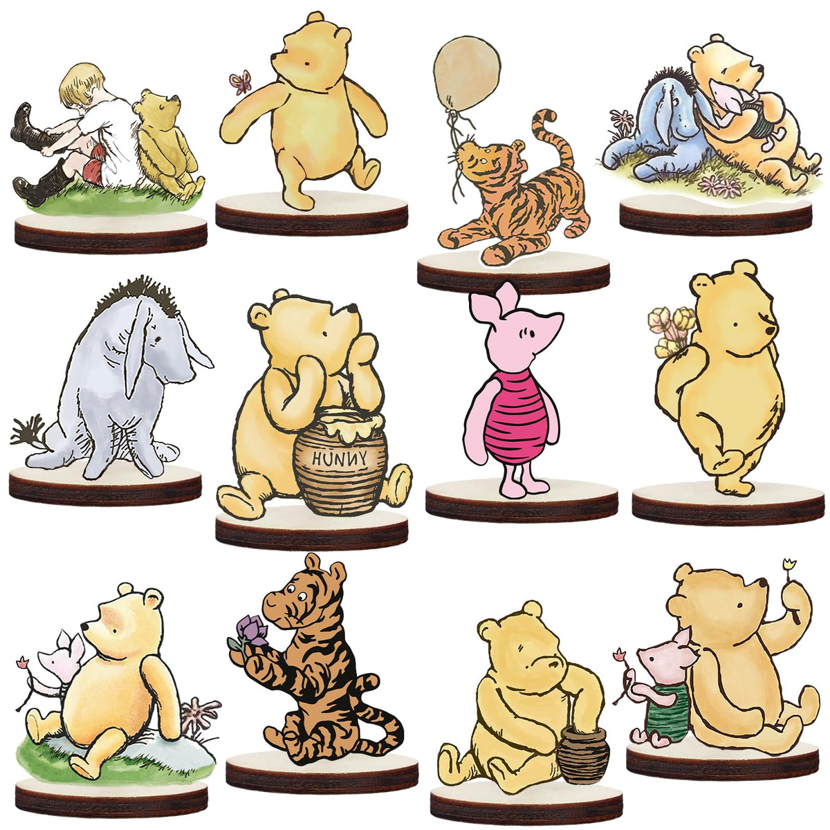 WOHOOBAOW Winnie wooden centerpiece with Pooh cutout for charming baby shower table decor.