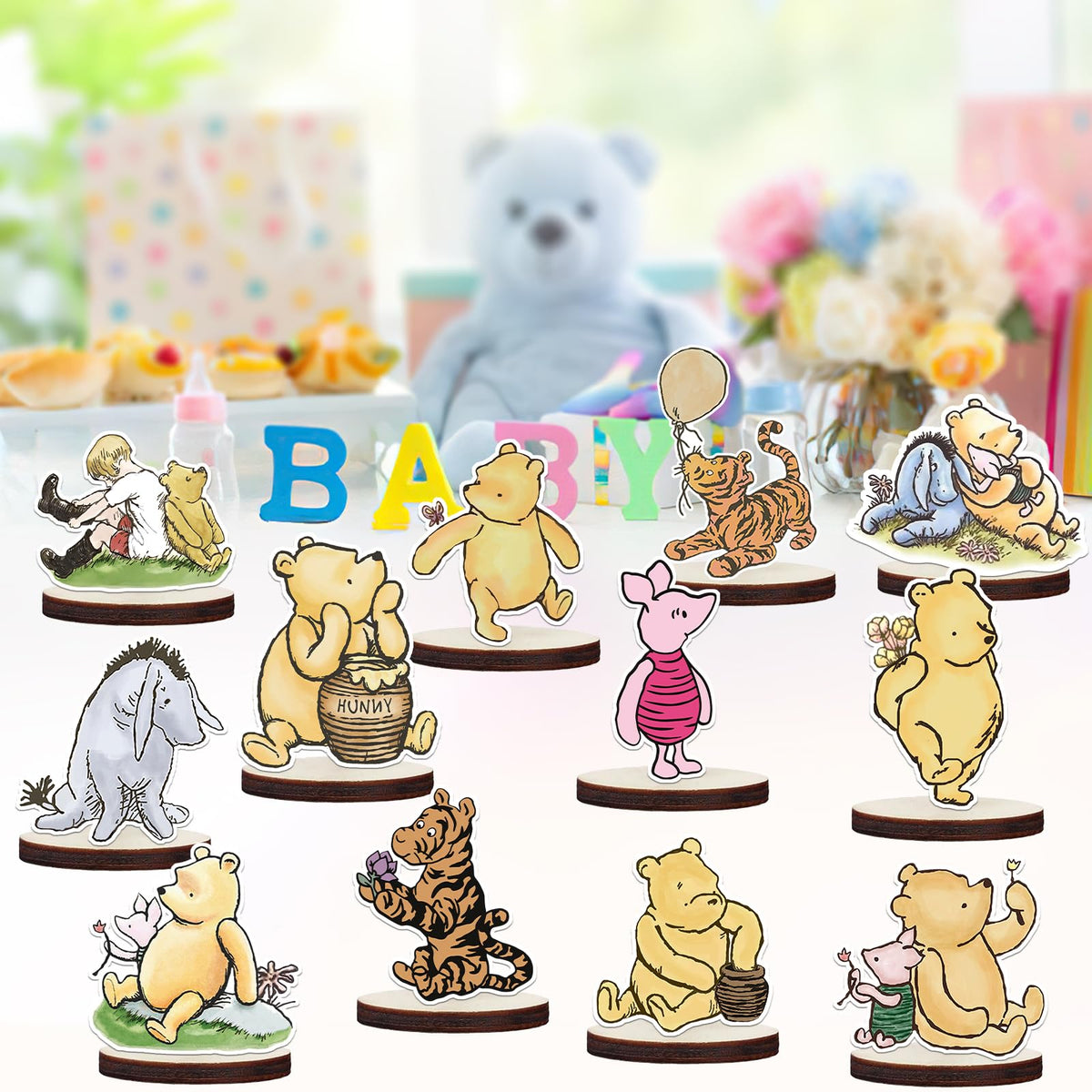 WOHOOBAOW Non-toxic Pooh wooden decorations ensure safe, kid-friendly table decor.