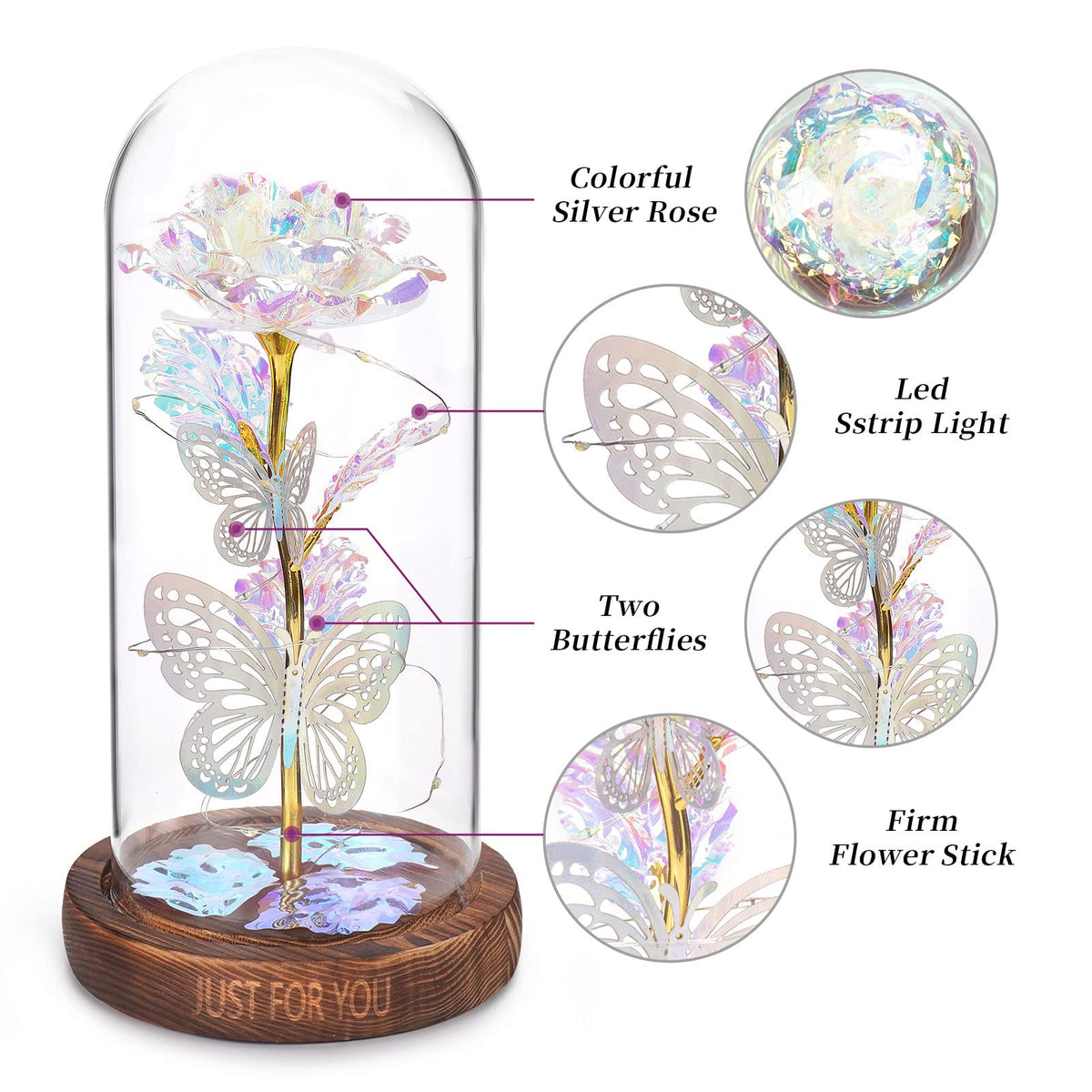WOKEISE dust-protect glass cap keeps the preserved bloom bright.