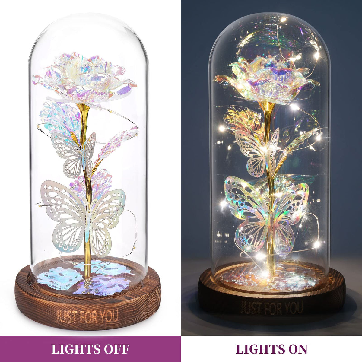 WOKEISE wood-base rose dome offers stable display with elegant craftsmanship.