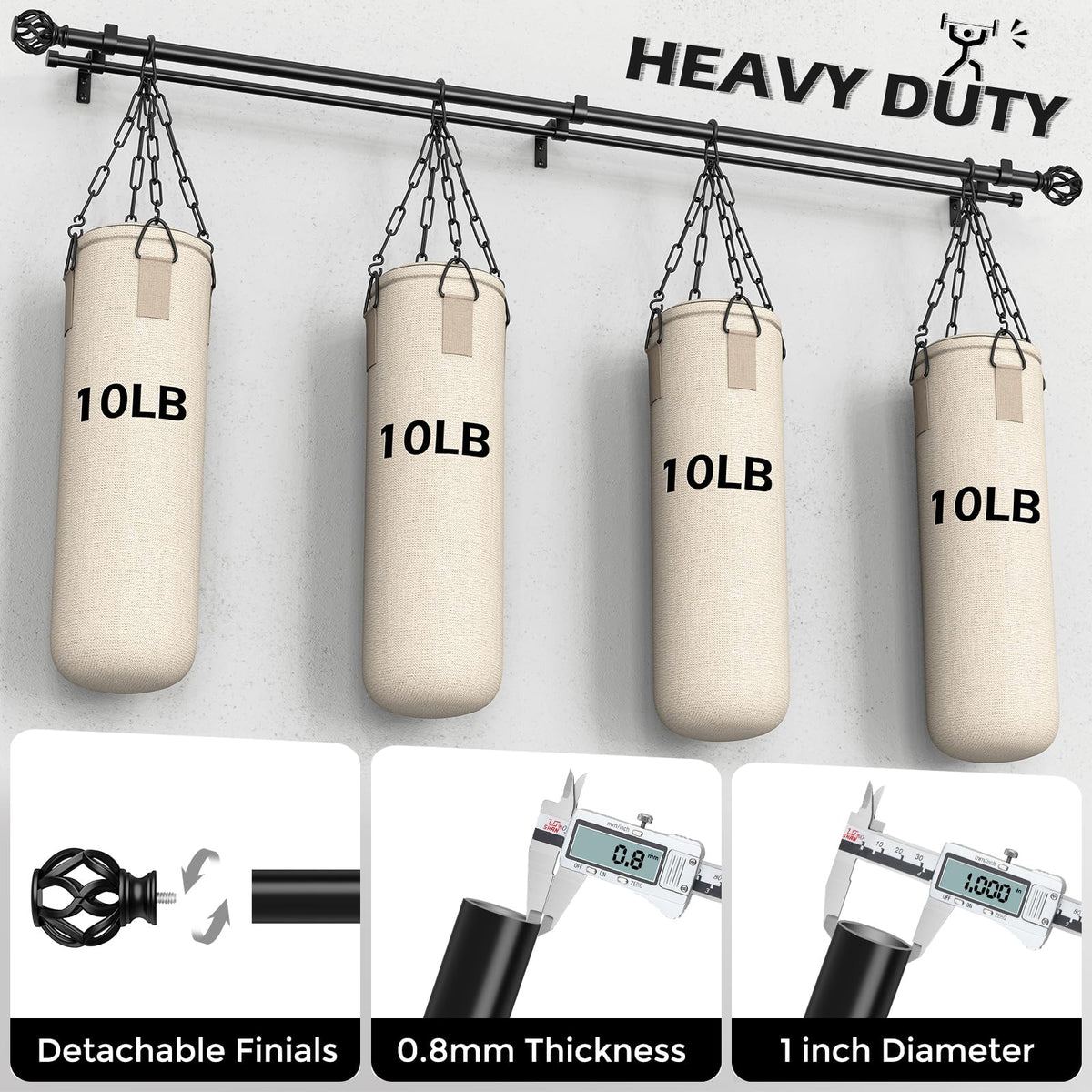 Wolista heavy-duty rod with 1 inch diameter supports heavier curtains.