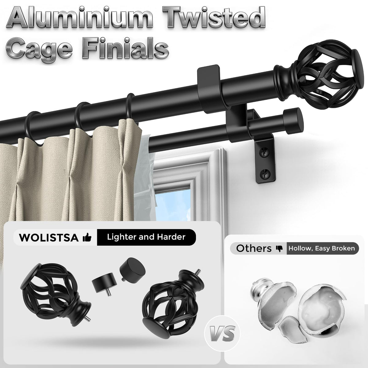 Wolista telescoping rod shows adjustable length for a precise fit.