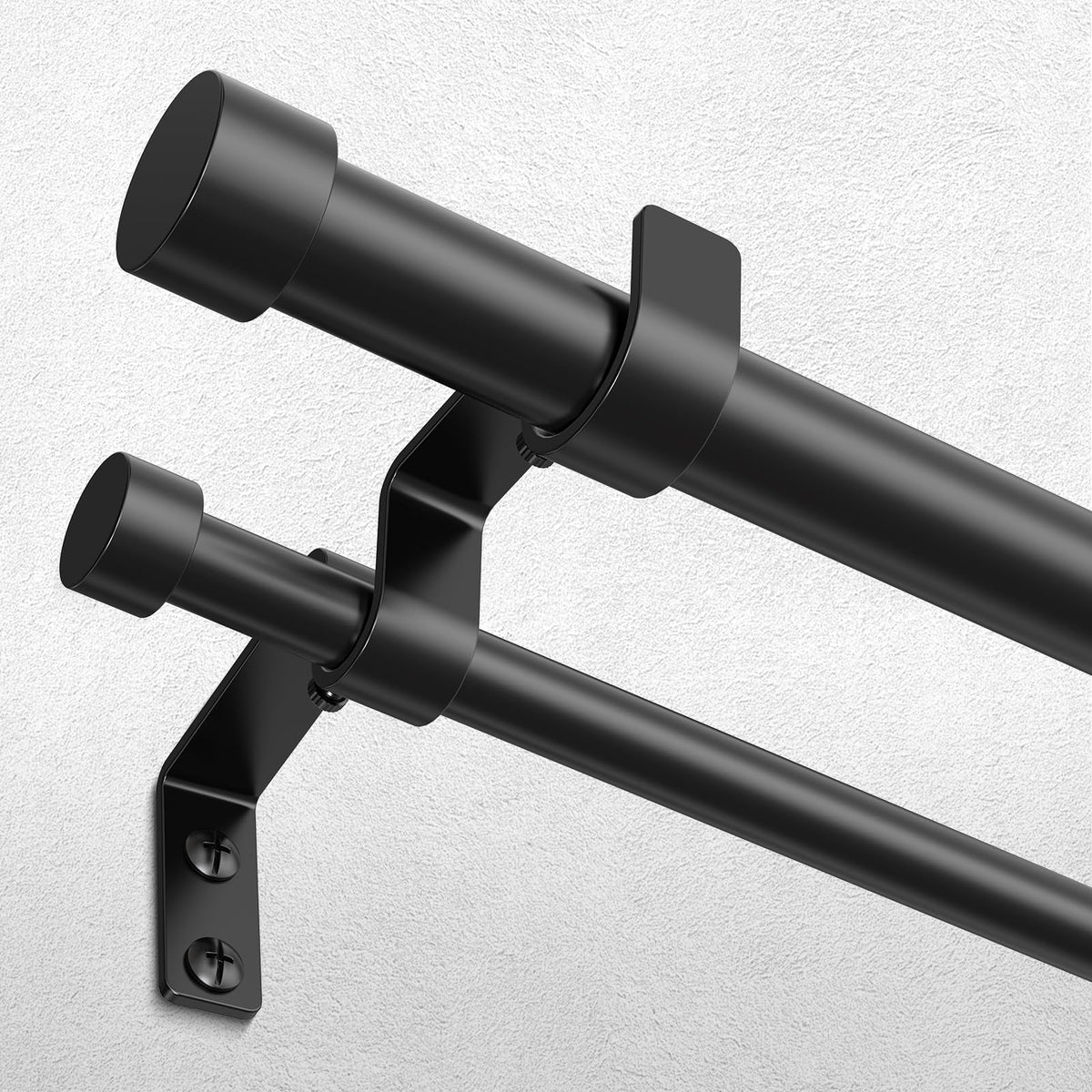 Wolistsa Black Double Curtain Rod extended from 36 to 76 inches for versatile window framing.