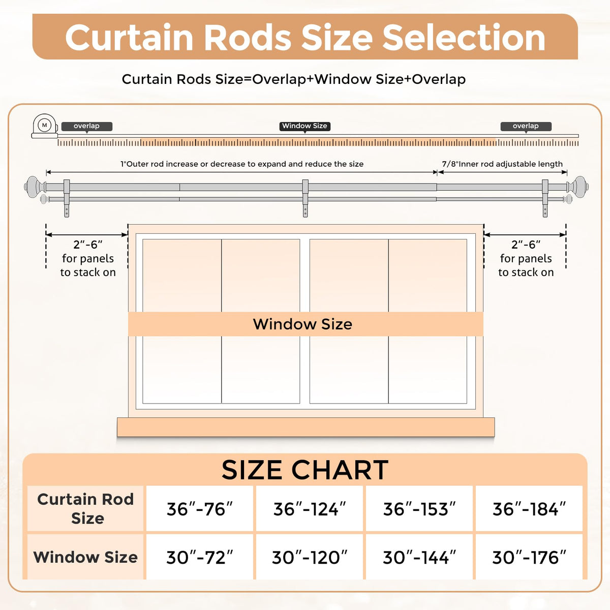 Wolistsa Bronze double curtain rod extended length enables wide window coverage.