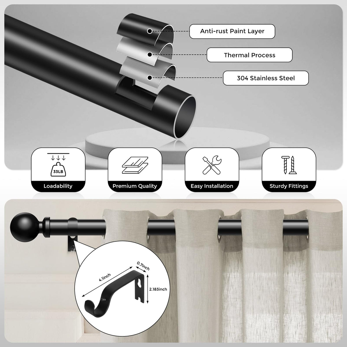 Wolistsa carbon steel curtain rod emphasizes durability and long life.