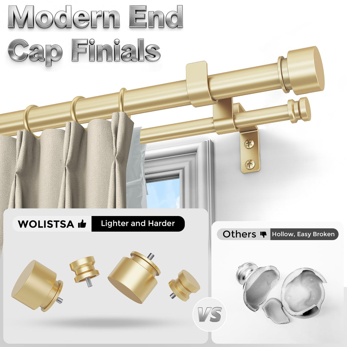 Wolistsa double curtain rod gold 0.8mm thickness ensures smooth glide