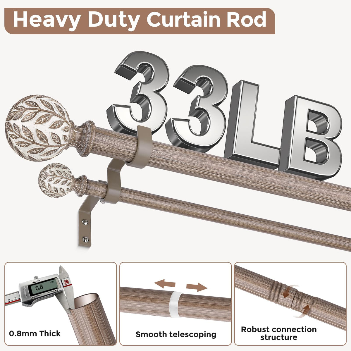Wolistsa heavy-duty diameter supports curtains up to 33 pounds for sturdy drapery.