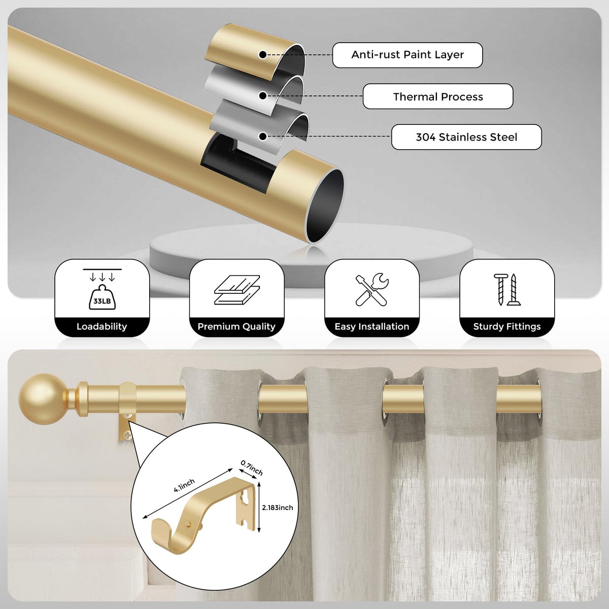 Wolistsa extendable drapery pole adapts to various widths.