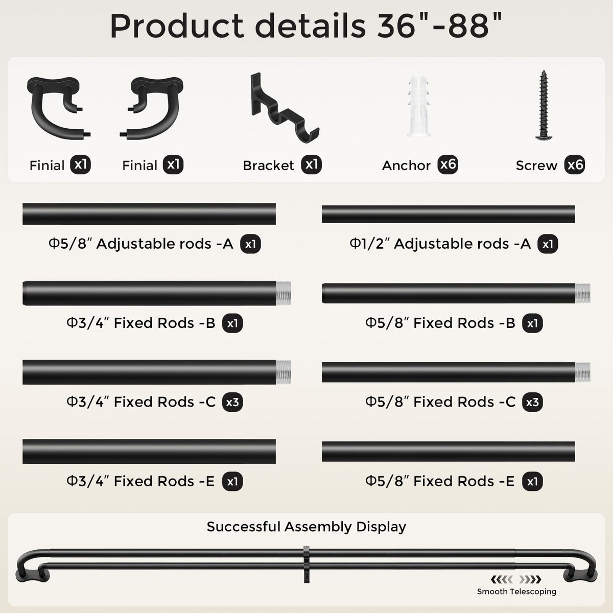 Wolistsa 3/4-inch front and 5/8-inch rear rod diameters bear heavy drapes.