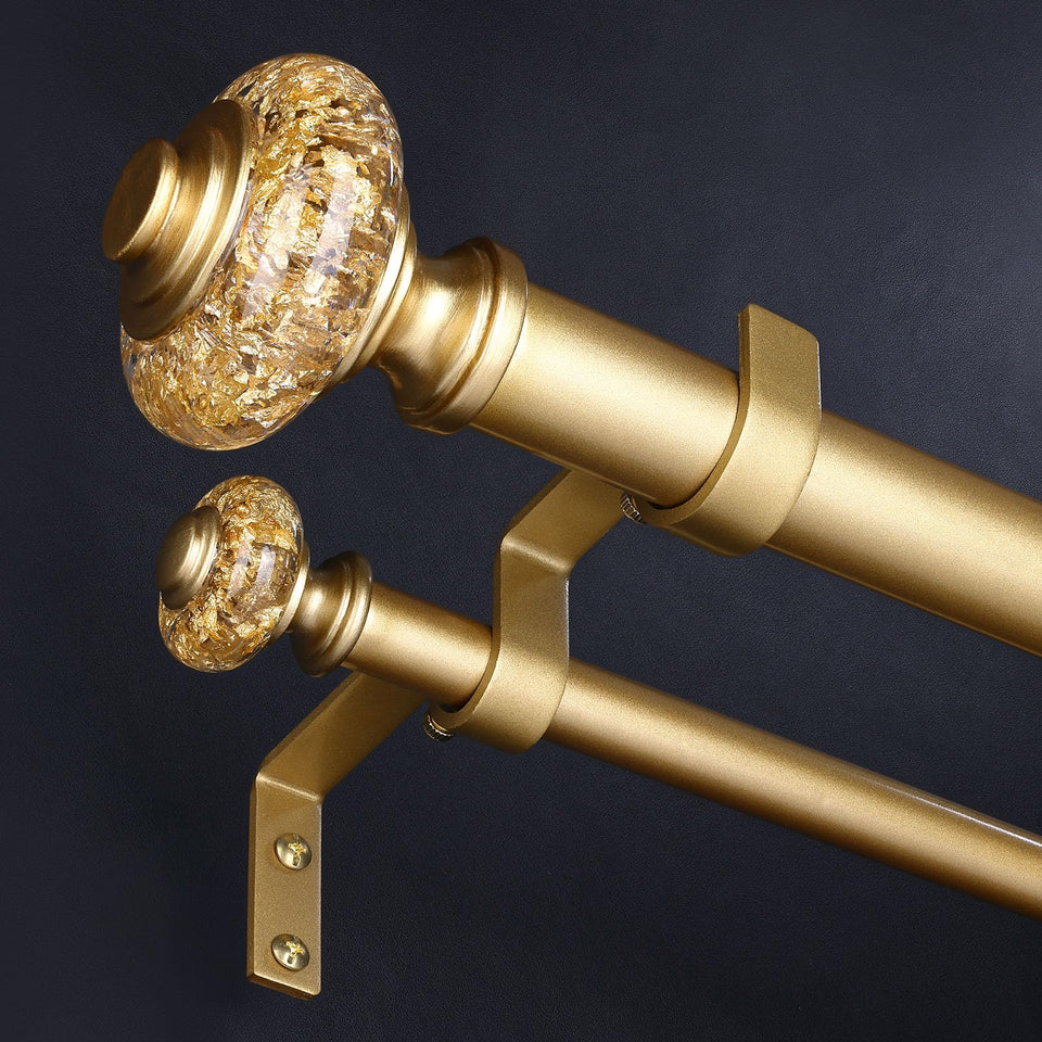 Wolistsa Gold Double Curtain Rod with crystal finials enhances living room windows.