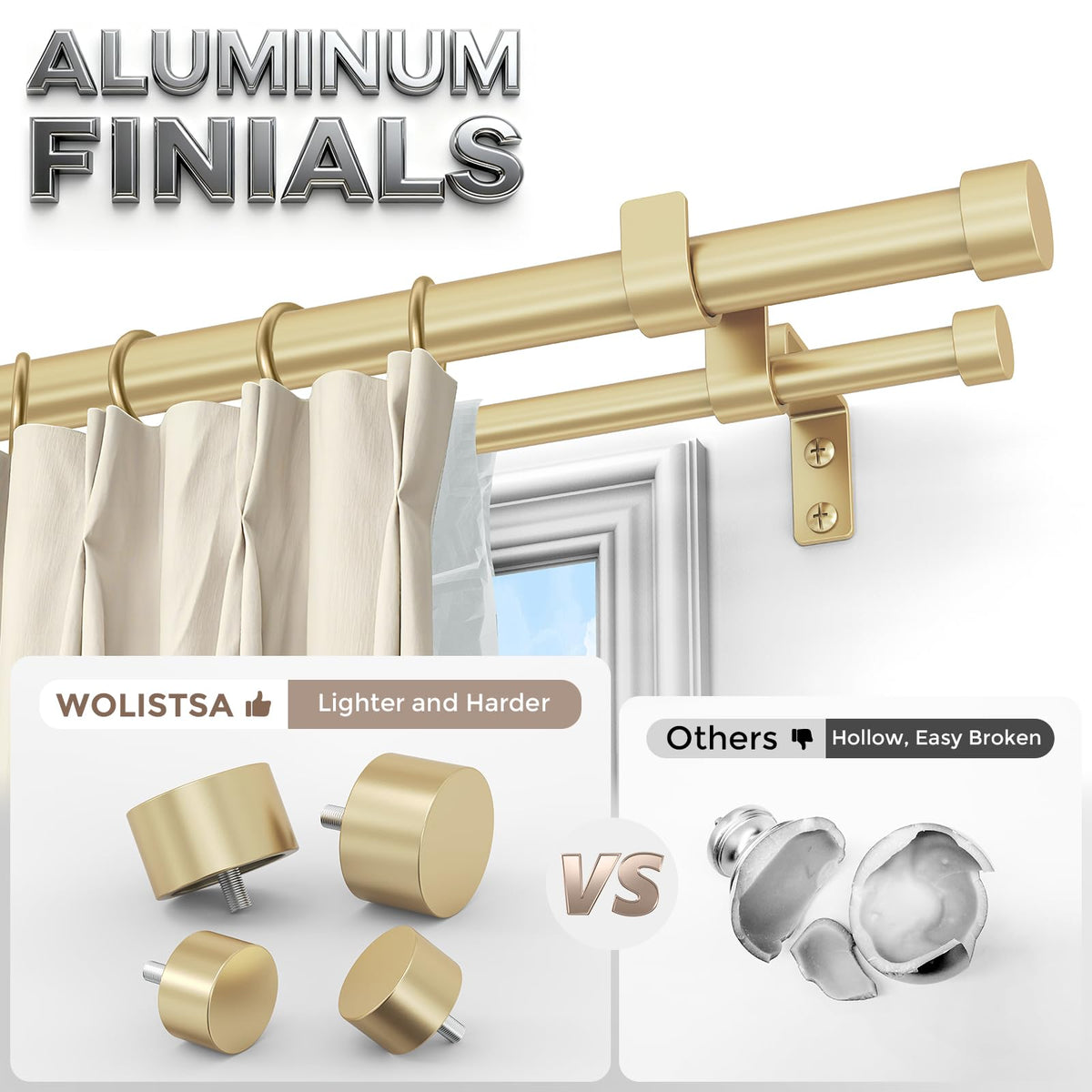 Wolistsa gold double curtain rod end cap finials add modern luxury.