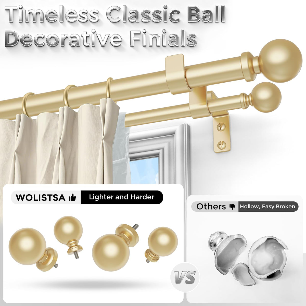Wolistsa gold round finials enhance room elegance.