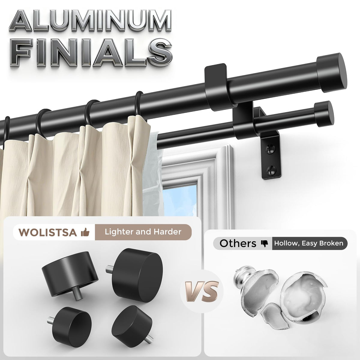 Wolistsa heavy-duty curtain rod with 1 inch front diameter delivers sturdy drapery support.