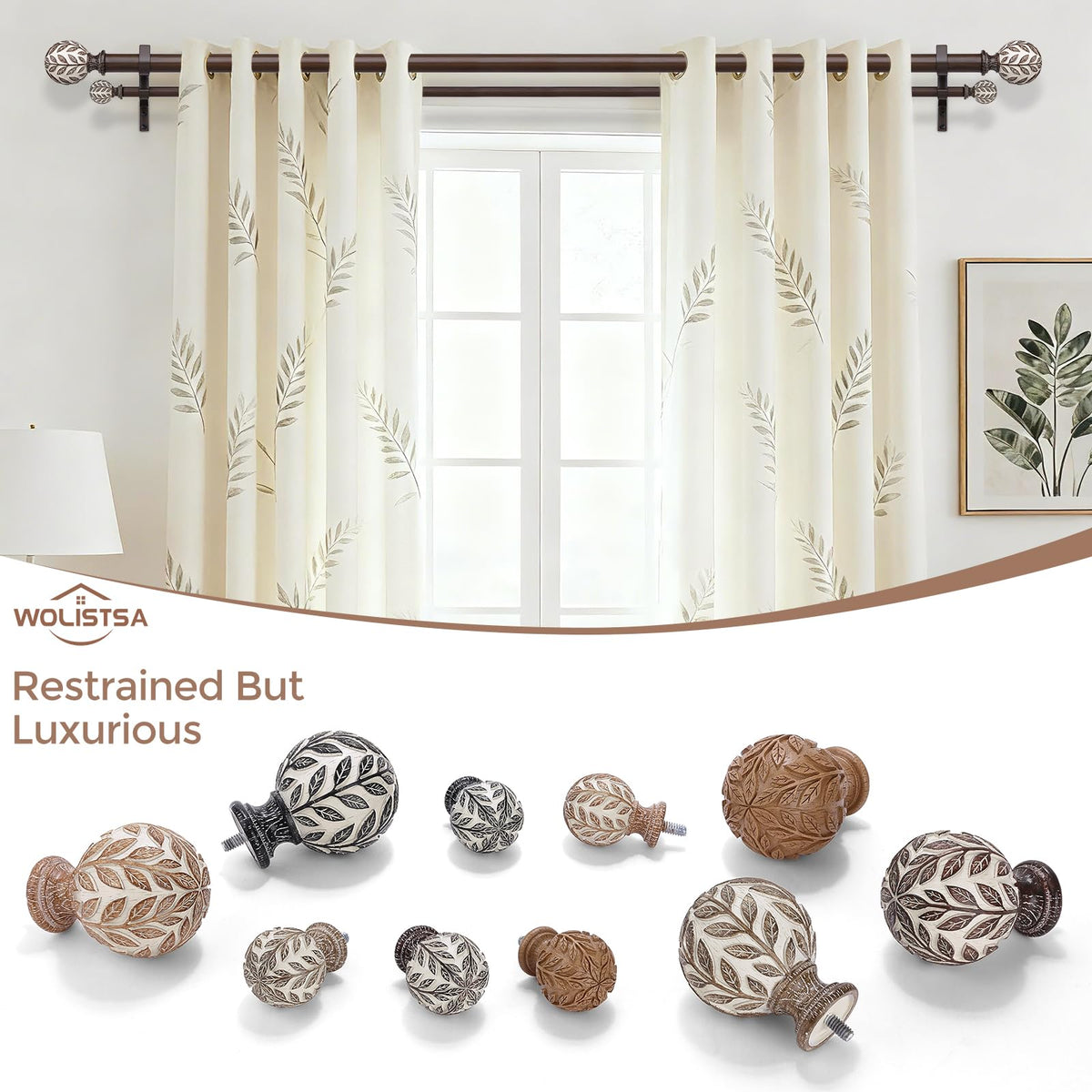 Wolistsa leaf-finials hand-painted wood-grain detail adds Boho charm to windows.