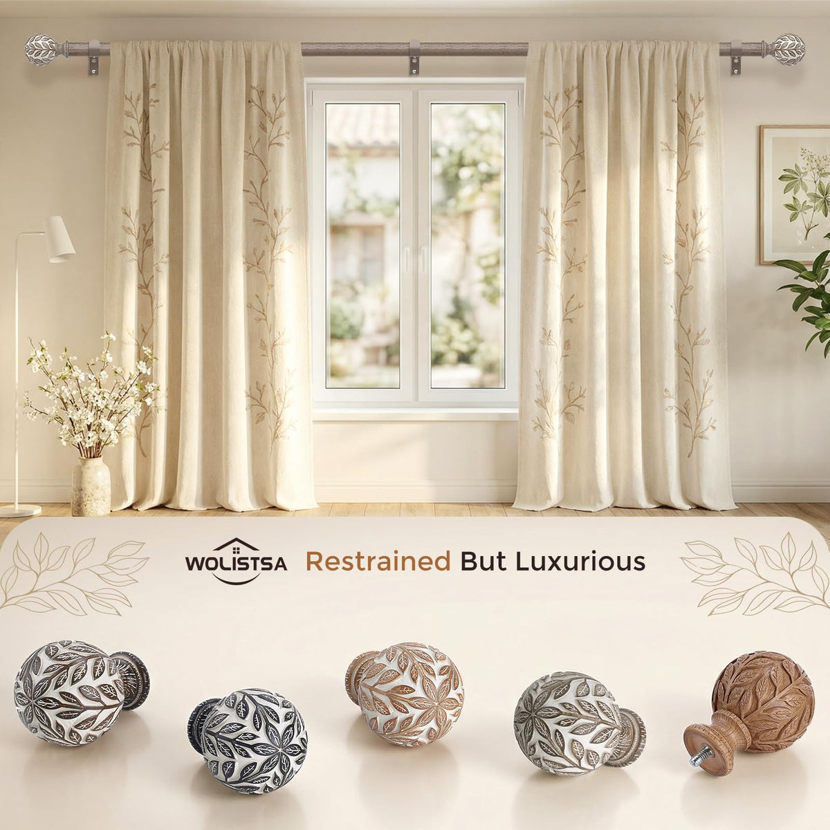 Wolistsa leaf finials show weathered wood grain for rustic Boho style