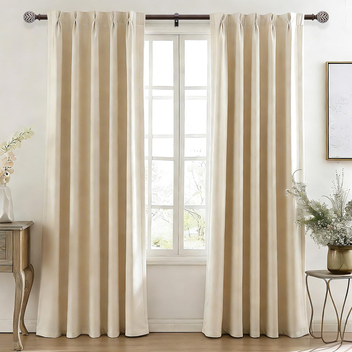 Wolistsa leaf-pattern finials add rustic boho charm to windows.