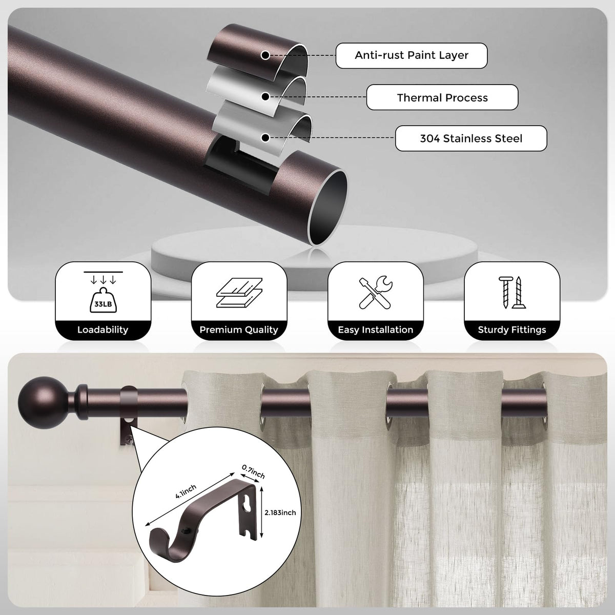 Wolistsa red bronze rod curtain glide smooth operation.