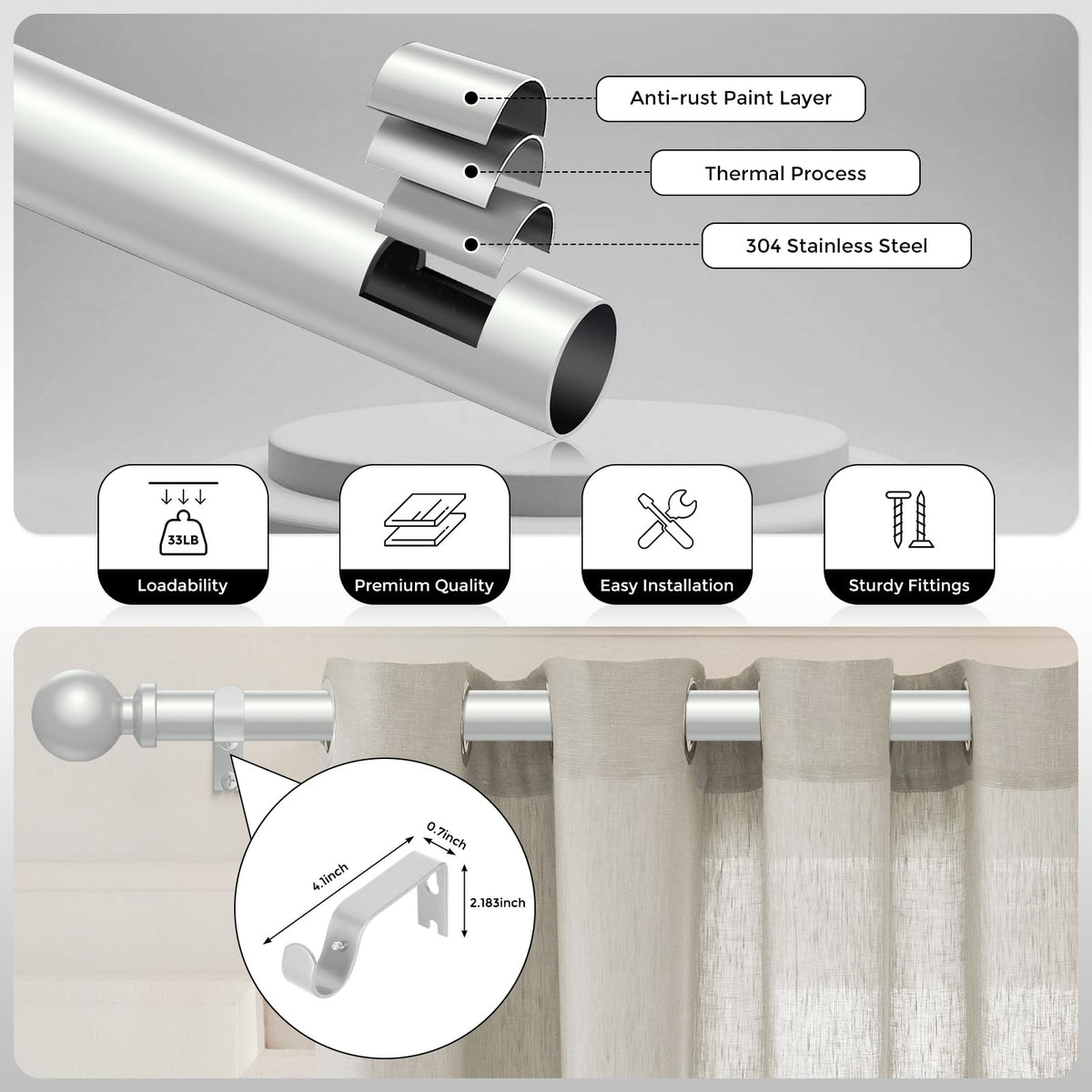 Coated with baking paint, the Wolistsa rod glides smoothly with curtains.