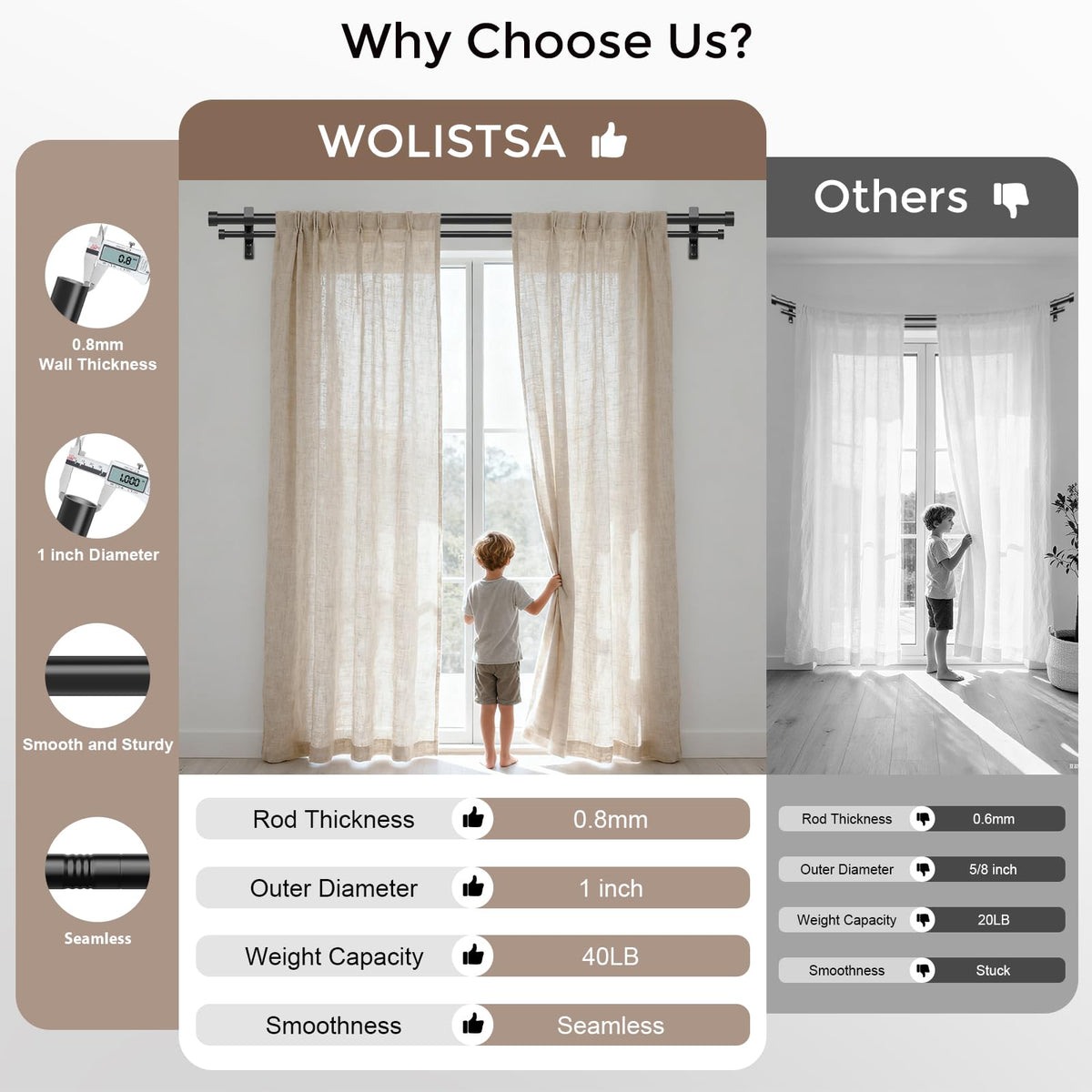 Wolistsa telescoping double curtain rod enables easy length adjustment during setup.