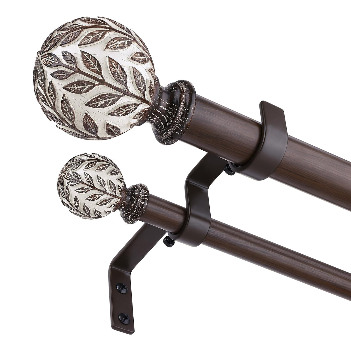 Wolistsa walnut wood double curtain rod showcases natural grain, sturdy support for heavy curtains.