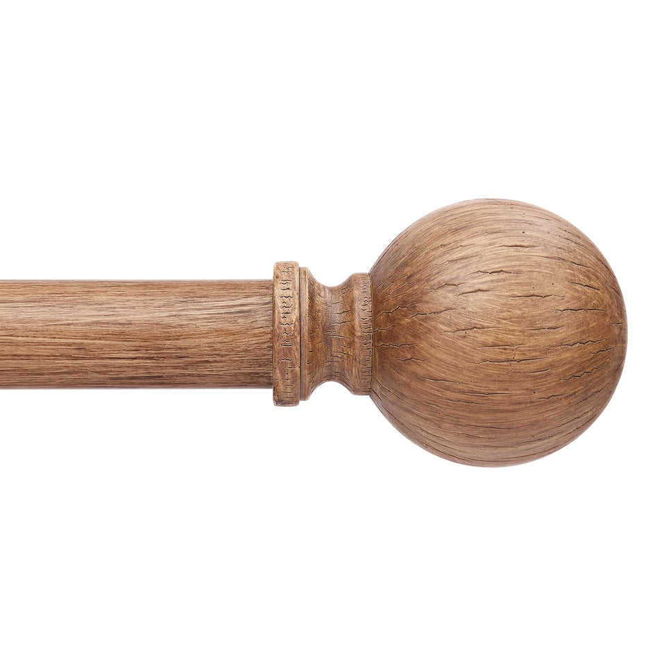 Wolistsa wood curtain rod shown at 36-91 inch reach with grain finials for sturdy rustic drapery