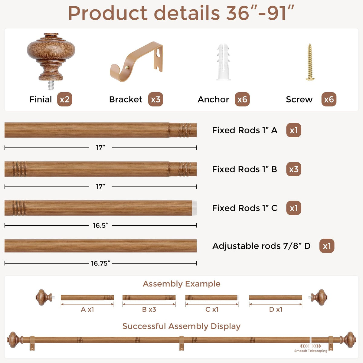 Wolistsa wood curtain rod with finials creates a warm natural focal point