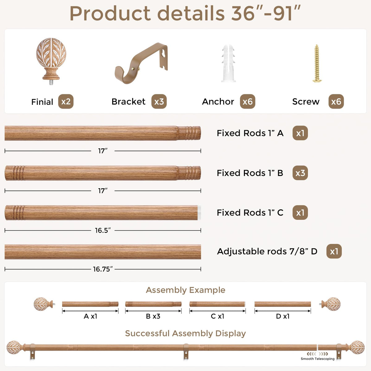 Wolistsa heavy-duty 1-inch rod provides strong support for heavier drapes.