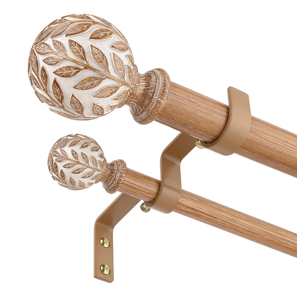 Wolistsa wood double curtain rod leaf finial close-up shows natural grain