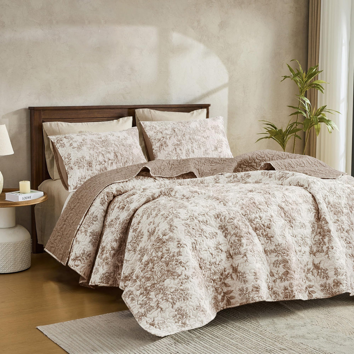 Wonderful Spring Fresh Quilt with taupe floral pattern on king bedspread