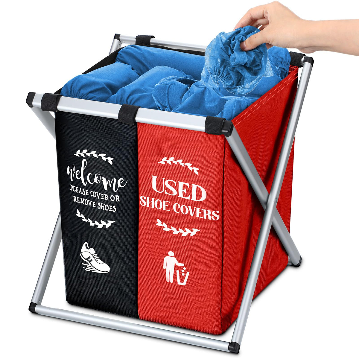 Wonderjune foldable shoe-cover bin keeps entryways neat and ready for guest footwear.