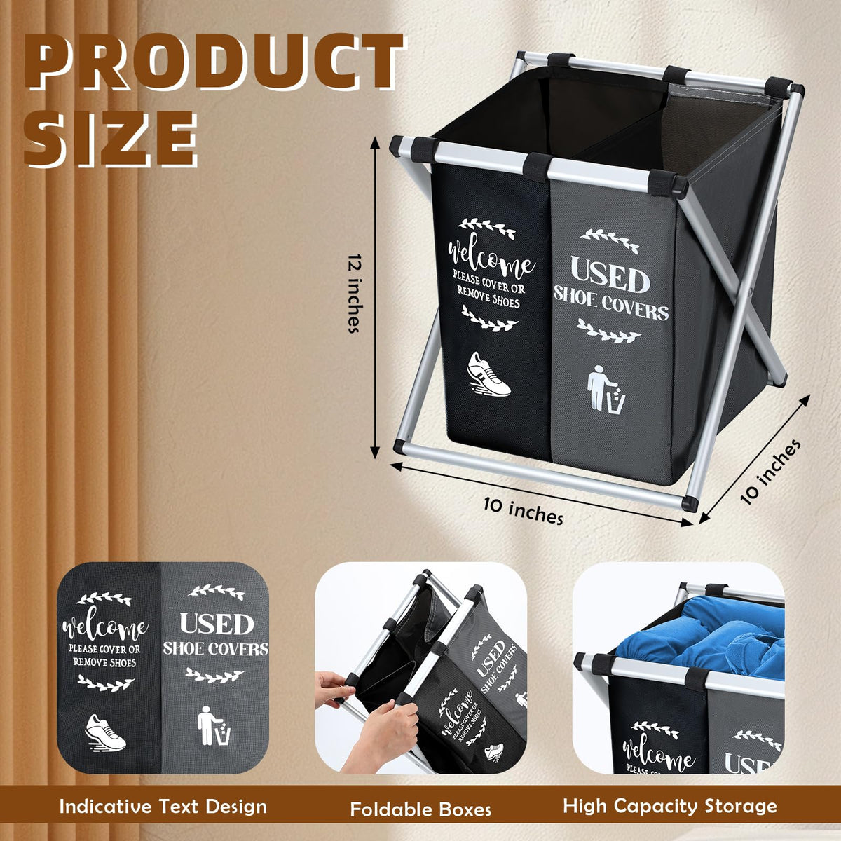 Wonderjune dispenser shown with 'used shoe covers' and 'welcome please' signs