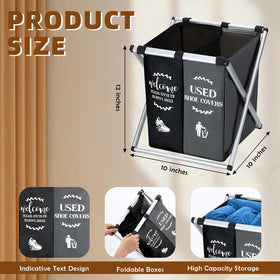 Wonderjune dispenser shown with 'used shoe covers' and 'welcome please' signs